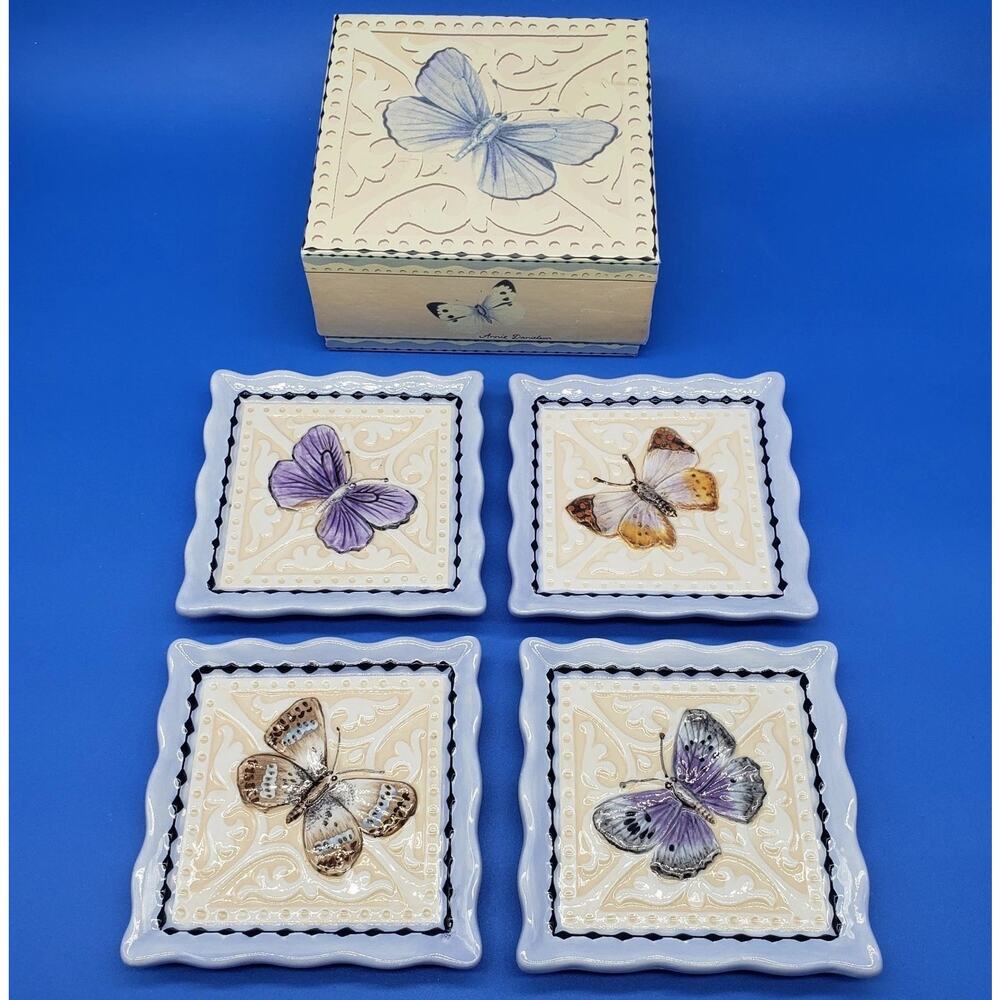 Emily‎ Danielson Butterfly Mini Plates or Coasters 4” Square Butterflies Ceramic
